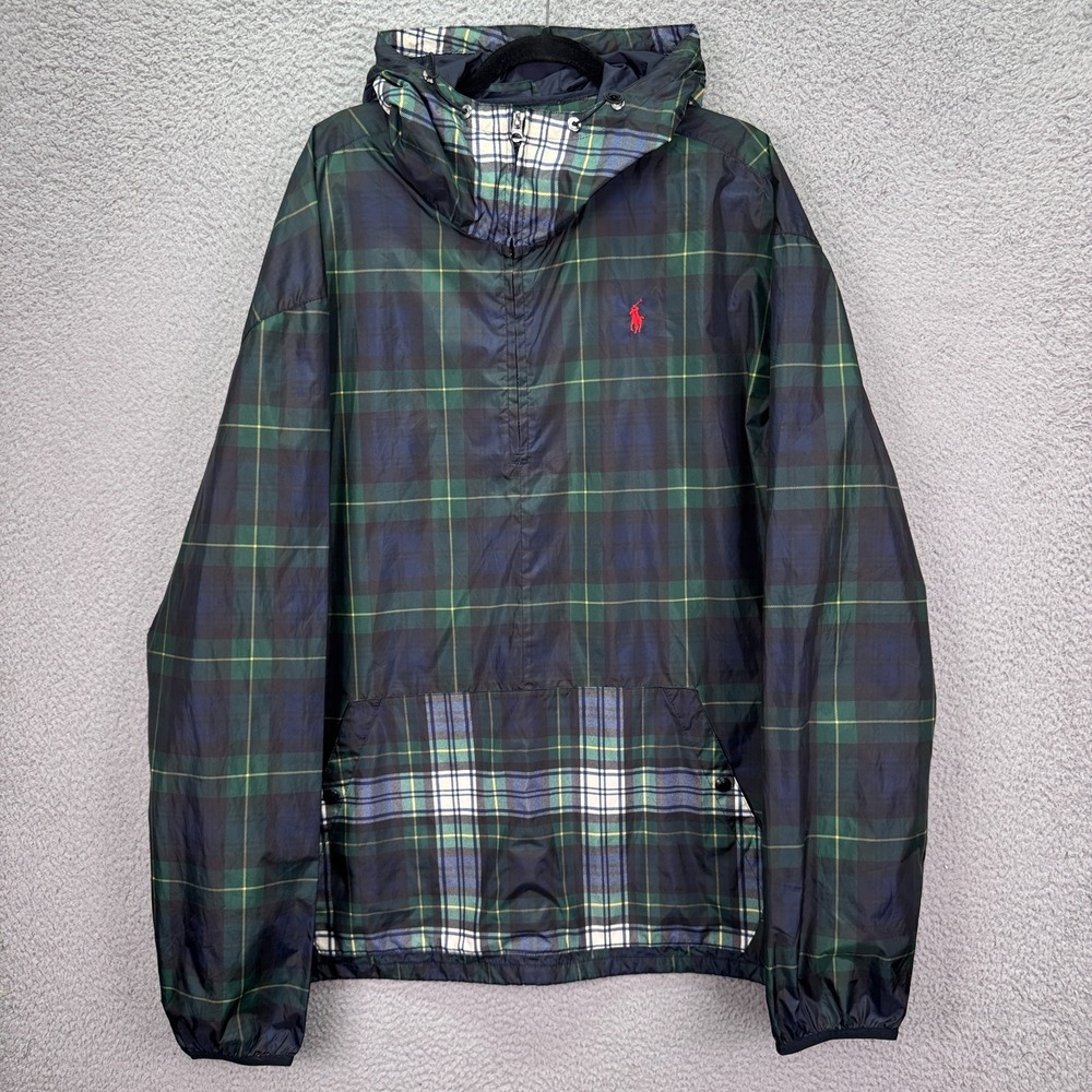 Polo Ralph Lauren Jacket Mens 2XLT‎ Navy Green Plaid Windbreaker Hooded Full Zip